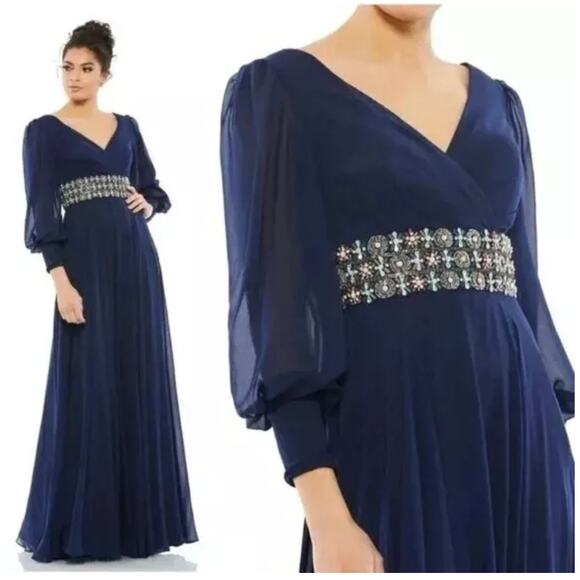 Mac Duggal Midnight Blue Beaded Belt Long Sleeve A-Line Gown Size 16 $598 - Picture 1 of 7